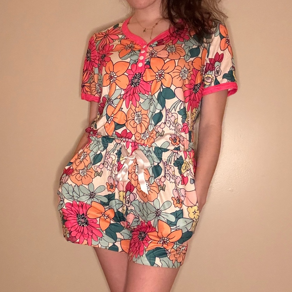 Floral Short Sleeve Pajama Set in Pink, Coral & Teal